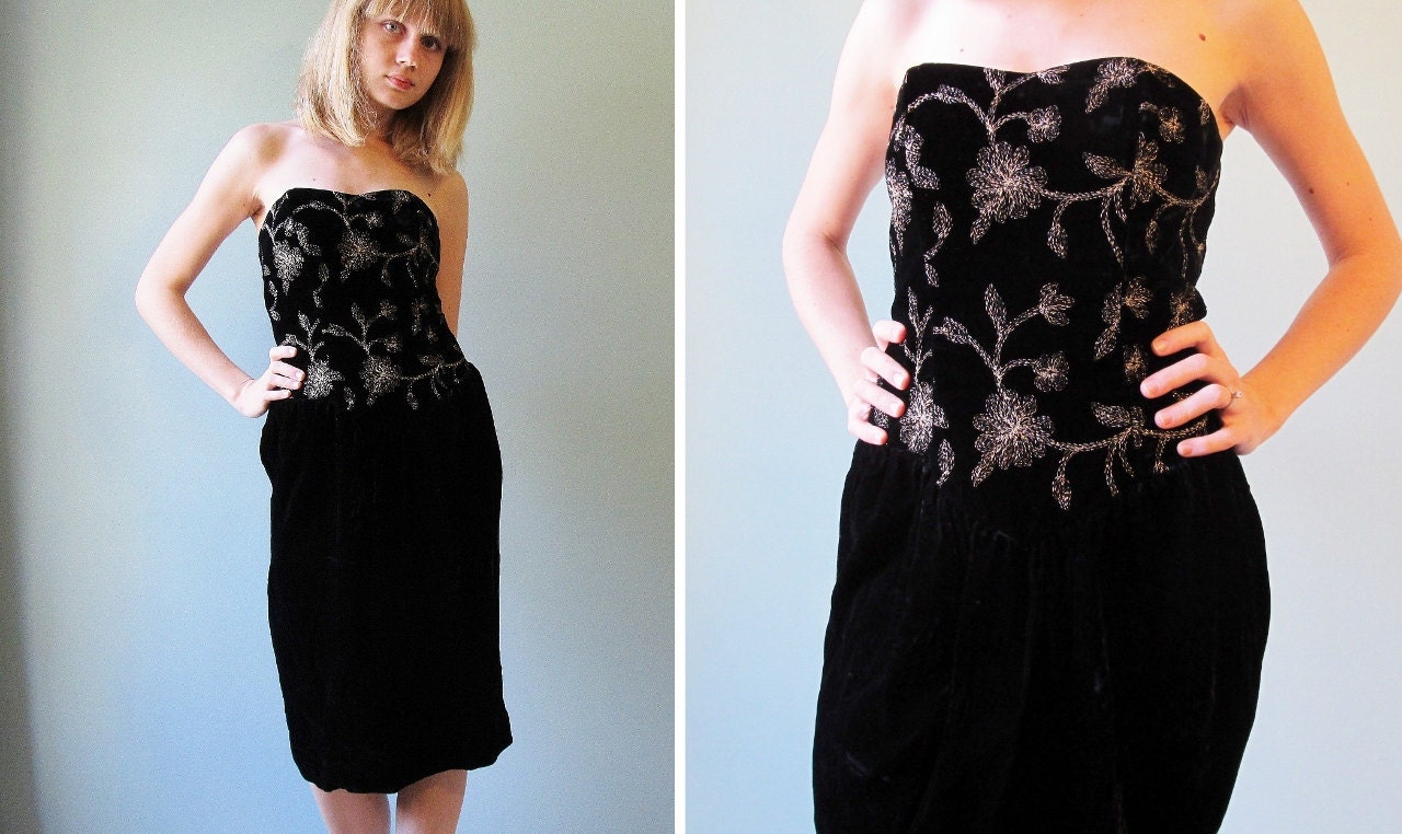 vintage black velvet strapless midi dress small medium