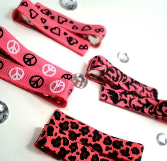 Girls Boutique Hair Bows - Pretty in Pink Bitty Clips (Set of 8) - Pink, Leopard Print, Peace, Hearts, Love, Damask