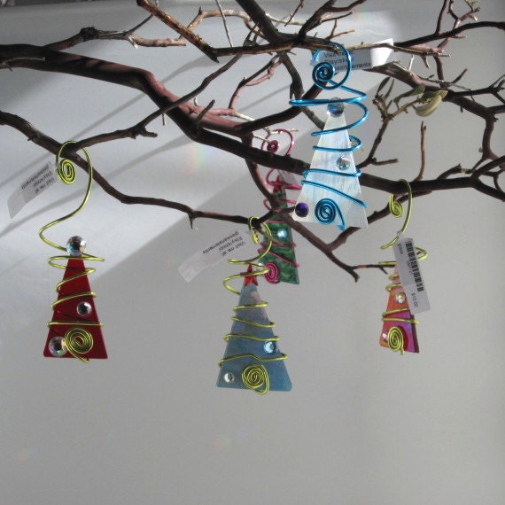 Red Tree Trio Glass Ornaments - Wire Wrapped