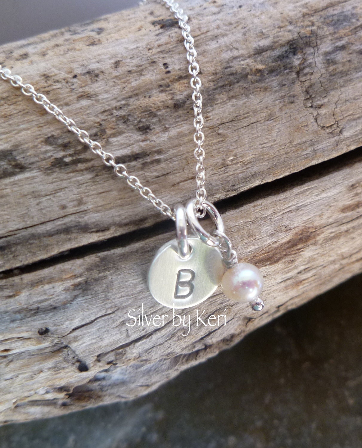 Initial Charm Necklace - Tiny 8mm Hand Stamped Sterling Silver Disc with Pearl - Finish Options -  MINI SWEET SIMPLICITY