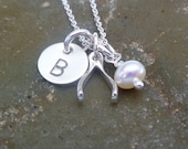 Wishbone Charm Necklace - Wishbone with Hand Stamped Initial Disc and Freshwater Pearl or Birthstone Crystal - Sterling Silver