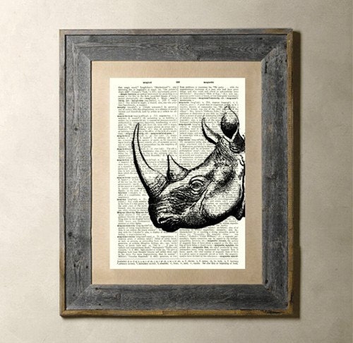 Rhinoceros - Printed on a Vintage Dictionary Page 8X10