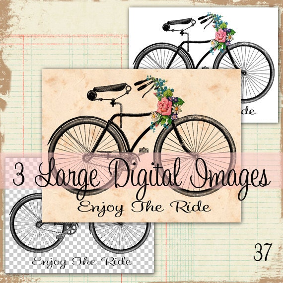 Vintage Bicycle with Vintage Wild Flowers Roses LARGE Digital Image Download Sheet Transfer To Totes Pillows Tea Towels Shirts