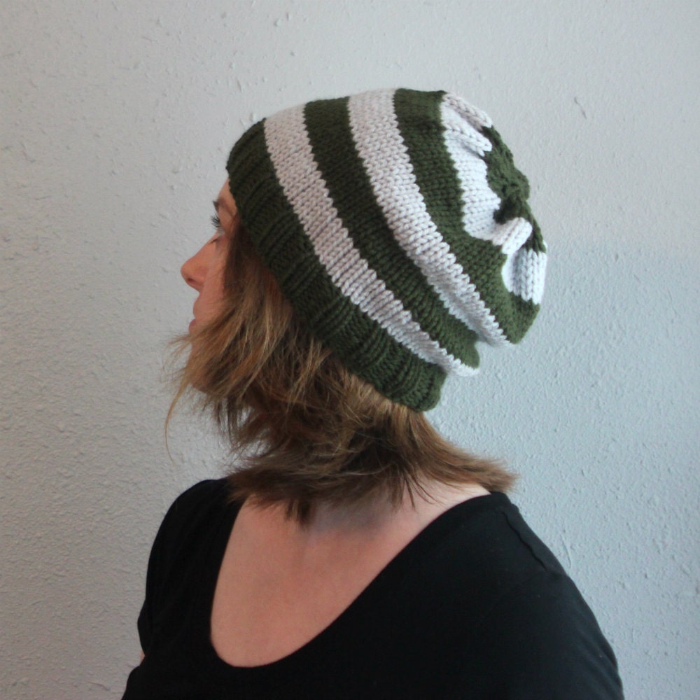 Hadley Hat .. Knitted Striped Hat in Light Grey and Olive