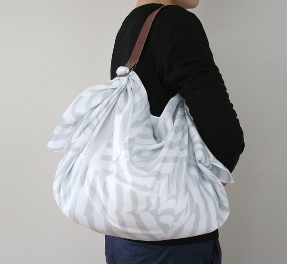 Black Friday -10% Sale Grey Stripe Furoshiki & Brown Leather Carry Strap for Bag Set
