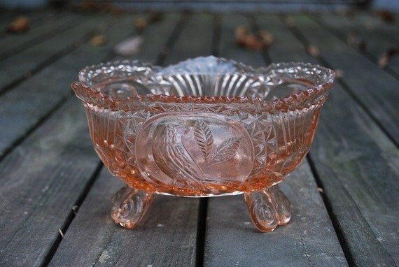 3 footed pink depression glass bowl with by TwinsTreasureTrove