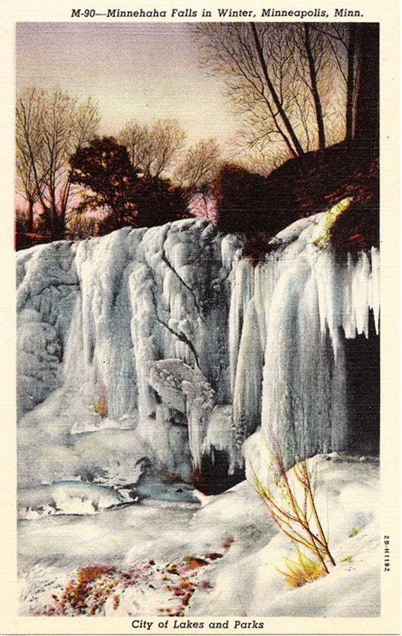 Minnehaha Falls in Winter Minneapolis Minnesota Linen Postcard Unused
