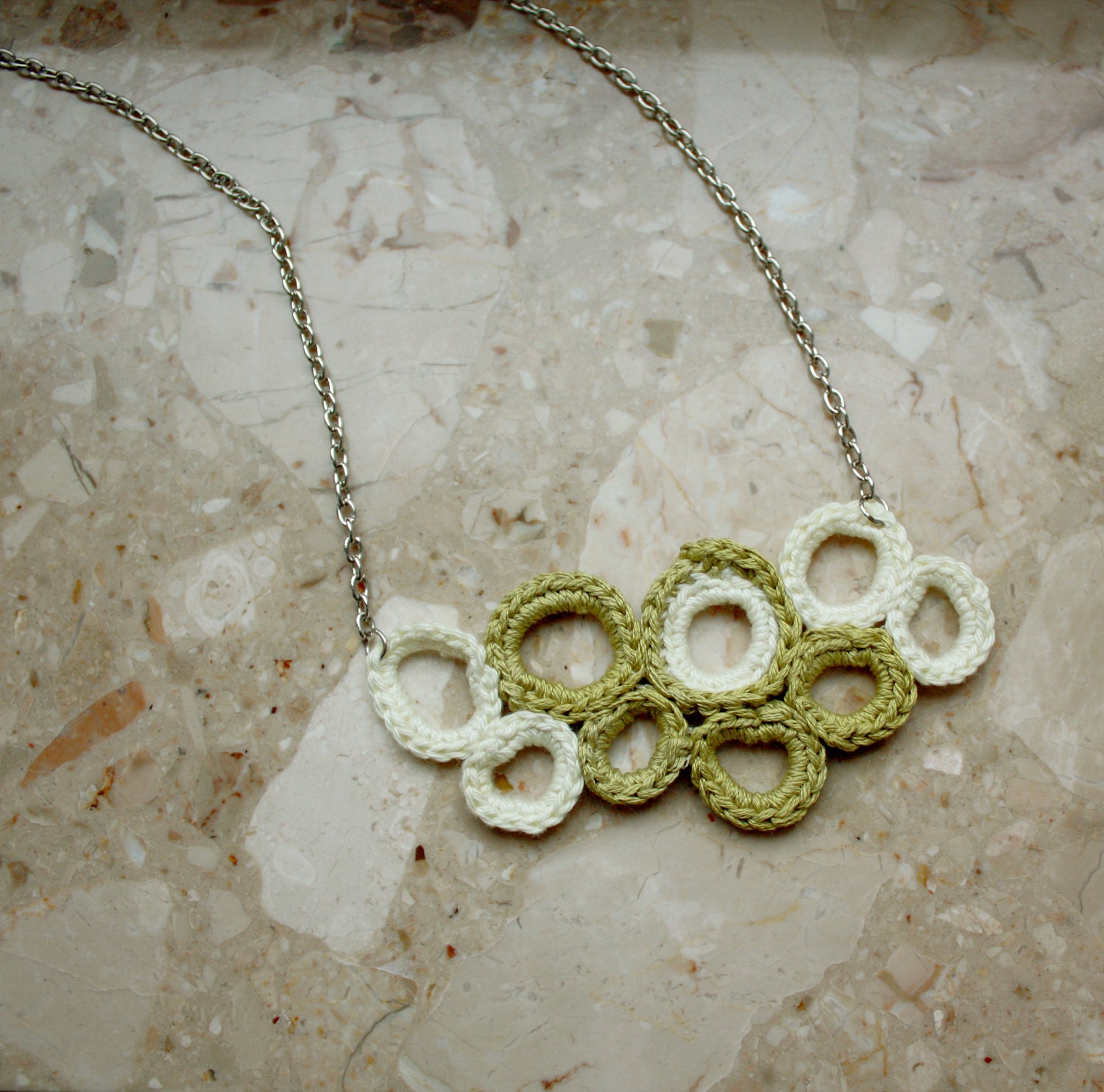 Wearable art Crochet Pendant .. Circles crochet Necklace in Pastel Green and White with chain - - whitewolfsclouds