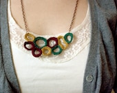 Aztec Native Crochet Necklace in Mustard Yellow, Green and Burgundy with copper chain - Wearable Art - Crochet Pendant