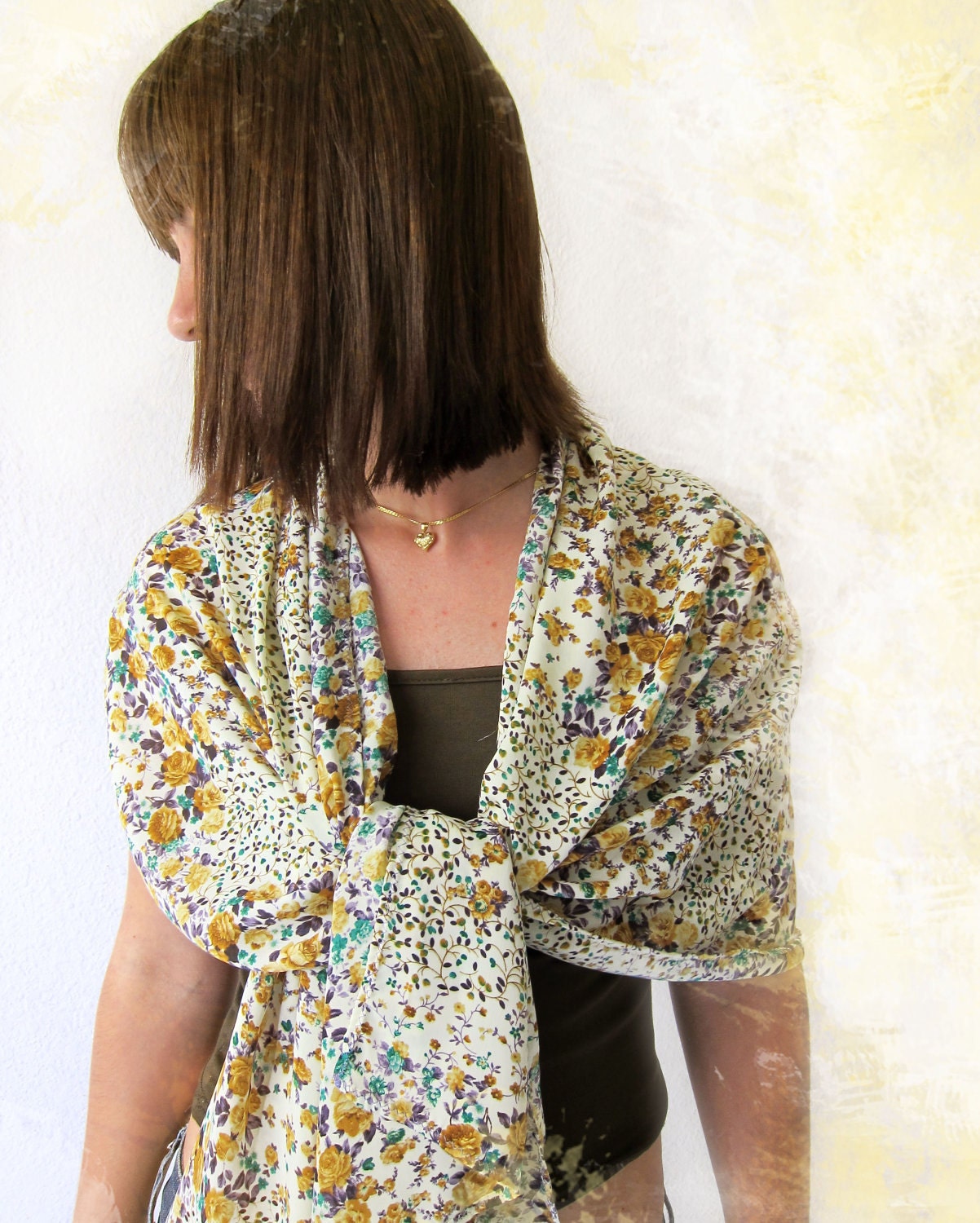 Silk Scarf in Ivory/ Cream with Japanese Tea Roses Pattern
