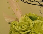 SALE  Green Rose Pomander with Light Pink Sheer Ribbon and Beaded Wire by GlamGirlsUnlimited