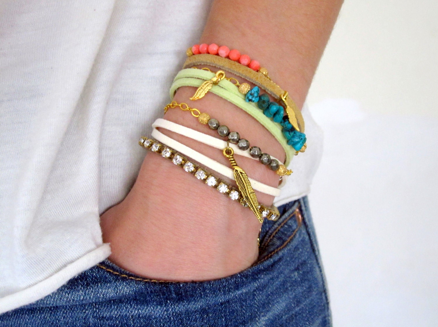 Leather Stacking Bracelet with Feather Charm or Leaf Charm - customized, made to order