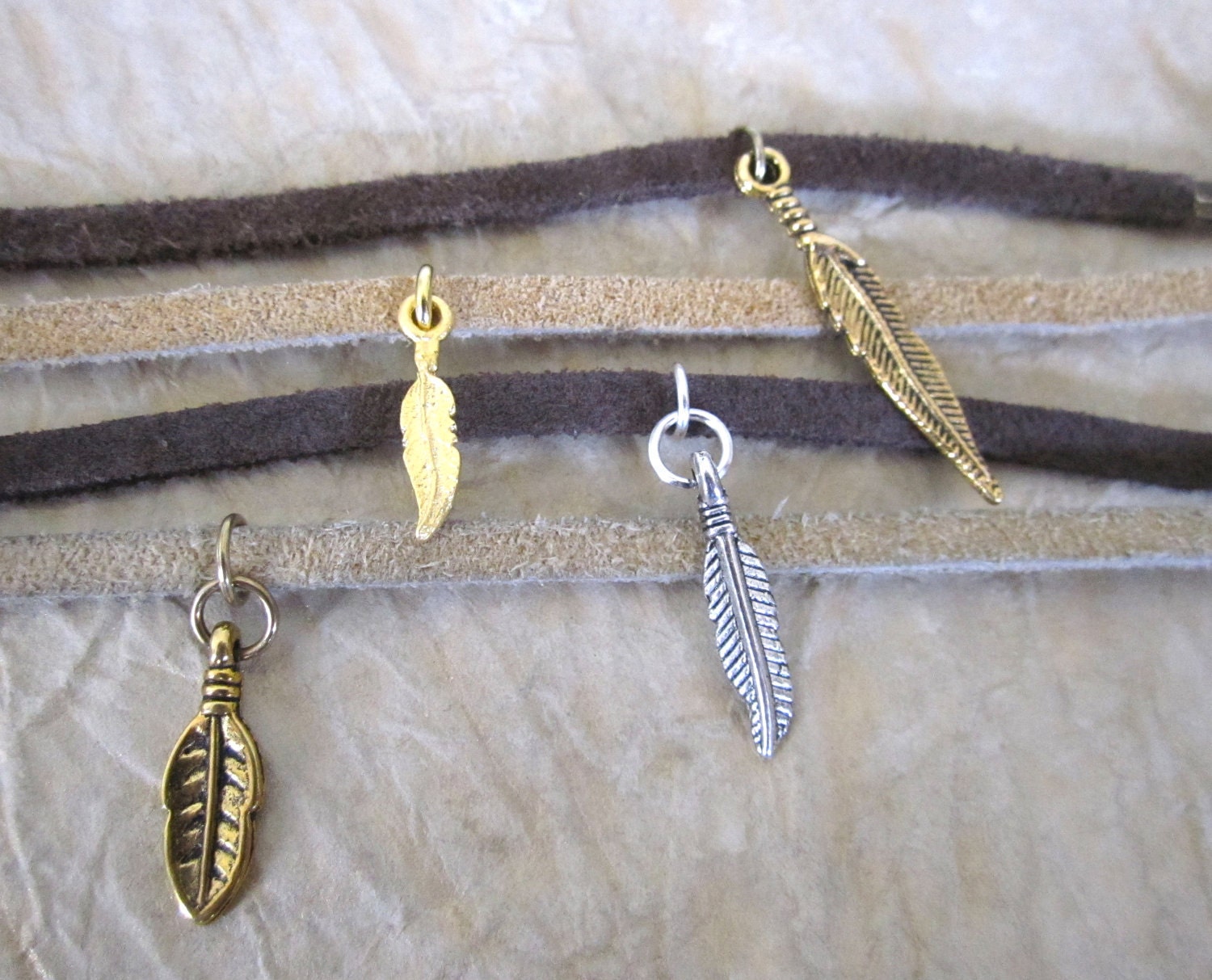 Leather Stacking Bracelet with Feather Charm or Leaf Charm - customized, made to order
