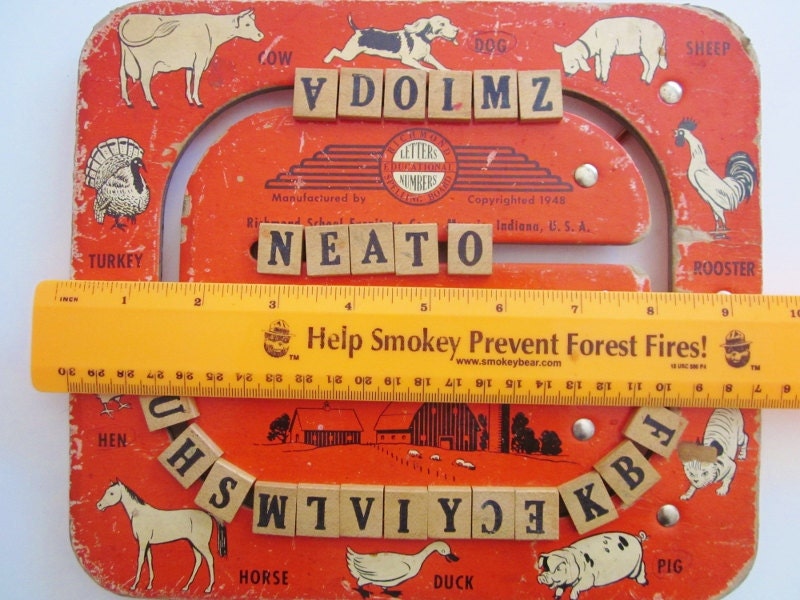 Vintage Childs Spelling Board Letters Numbers 1948