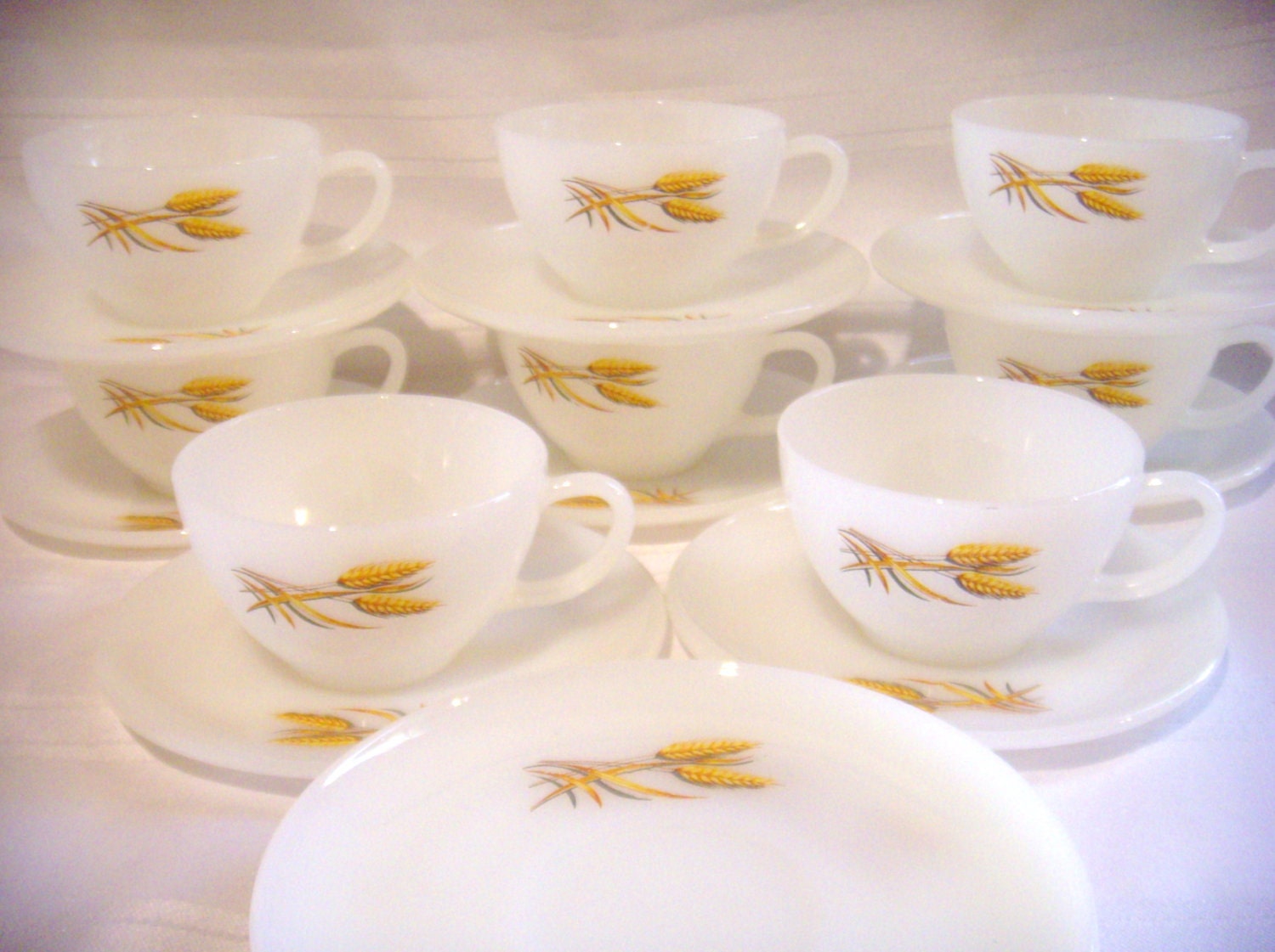 Vintage Milk Glass Cups and Saucers, Wheat Pattern, Anchor Hocking Fire King Oven Ware