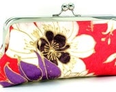 Flower Clutch Handbag Cream and Red Floral Purse Modern Evening Bag with Metal Kiss Lock Clasp Frame by BagBoy