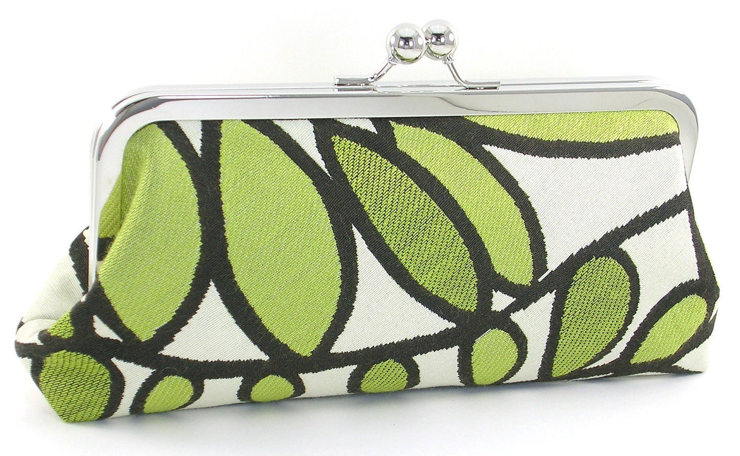 Leaves Clutch Green and White Metal Frame Purse Evening Handbag