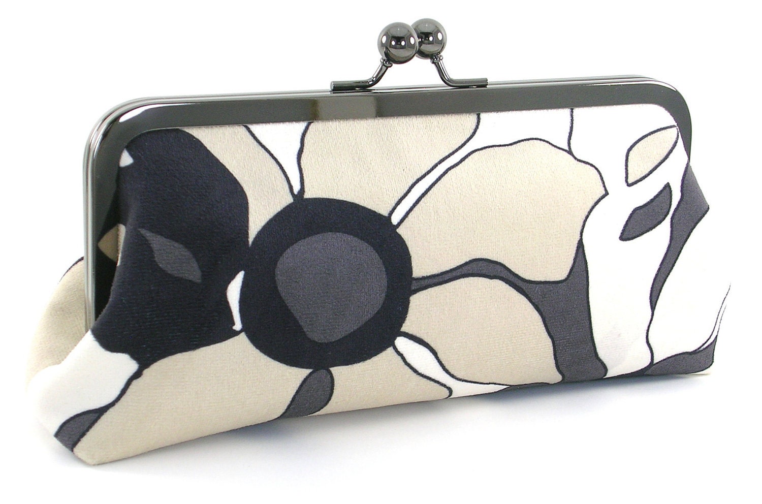 Black and White Clutch  Modern Flower Purse Metal Frame Evening Bag