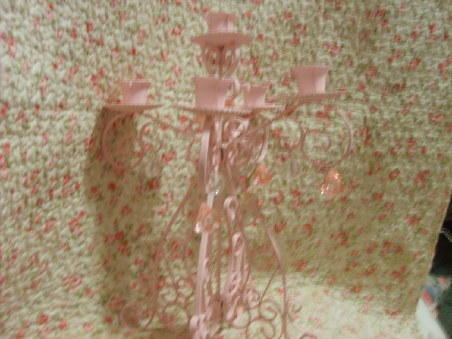 SALE......Gorgeous Shabby Chic Pink Vintage Ornate Scrolly Chandelier Candleabra Prisms Ooh La La