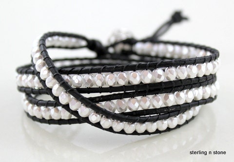 Wrap Bracelet - Black Leather - White  Pearls - Chan Luu  - Button Closure