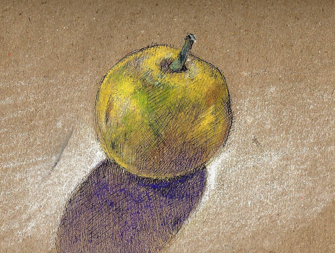 Asian Pear Card, print of a sketch done with pen and pastel on recycled brown paper