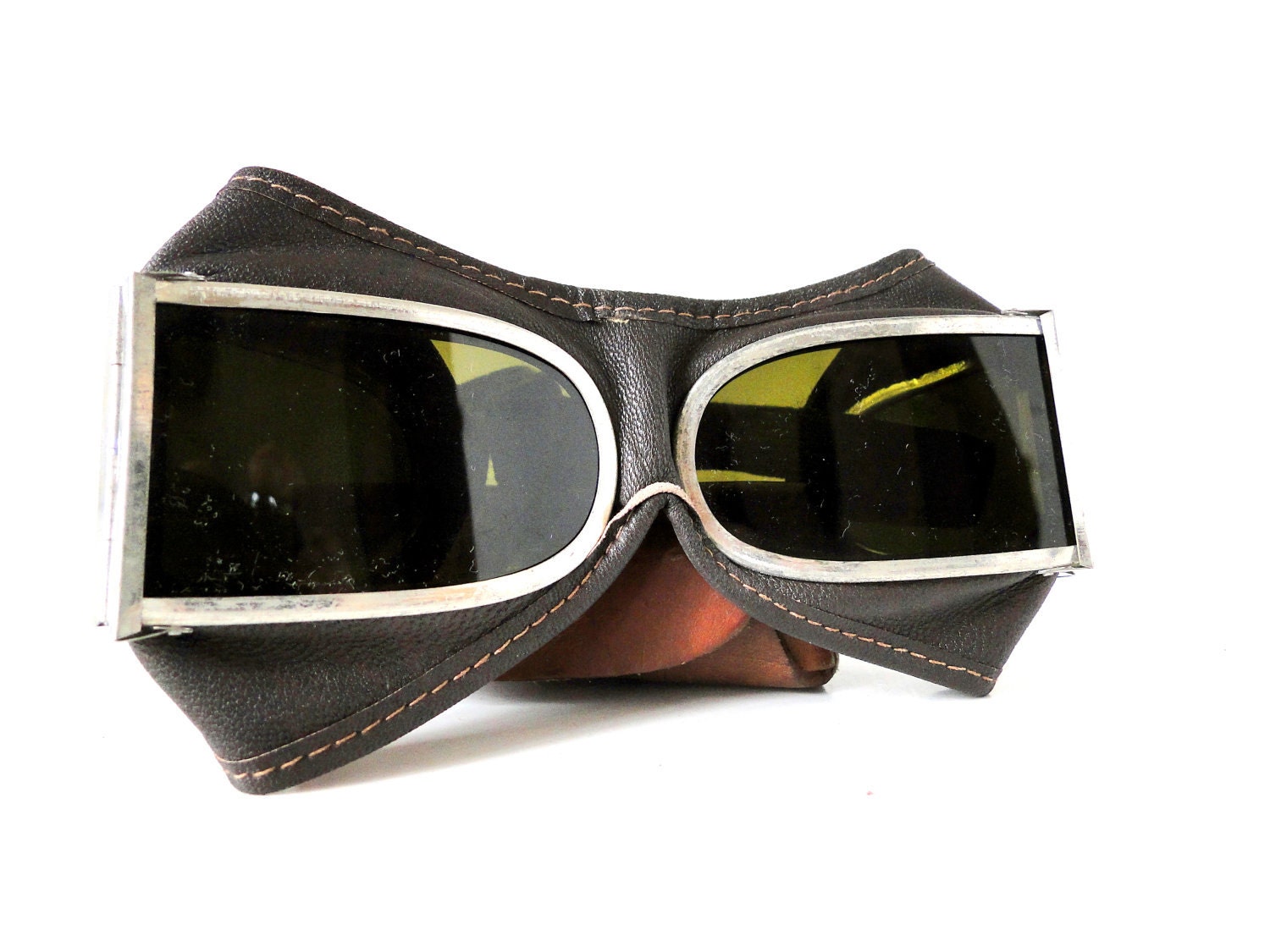 VINTAGE - Aviator / Motorcycle Leather Made Smoked Goggles - Shanghai 1972