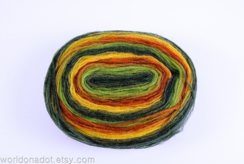 Thin Wool Pencil Roving, Spinning or Felting Fiber, Green, Brown and Yellow,  FREE SHIPPING WORLDWIDE