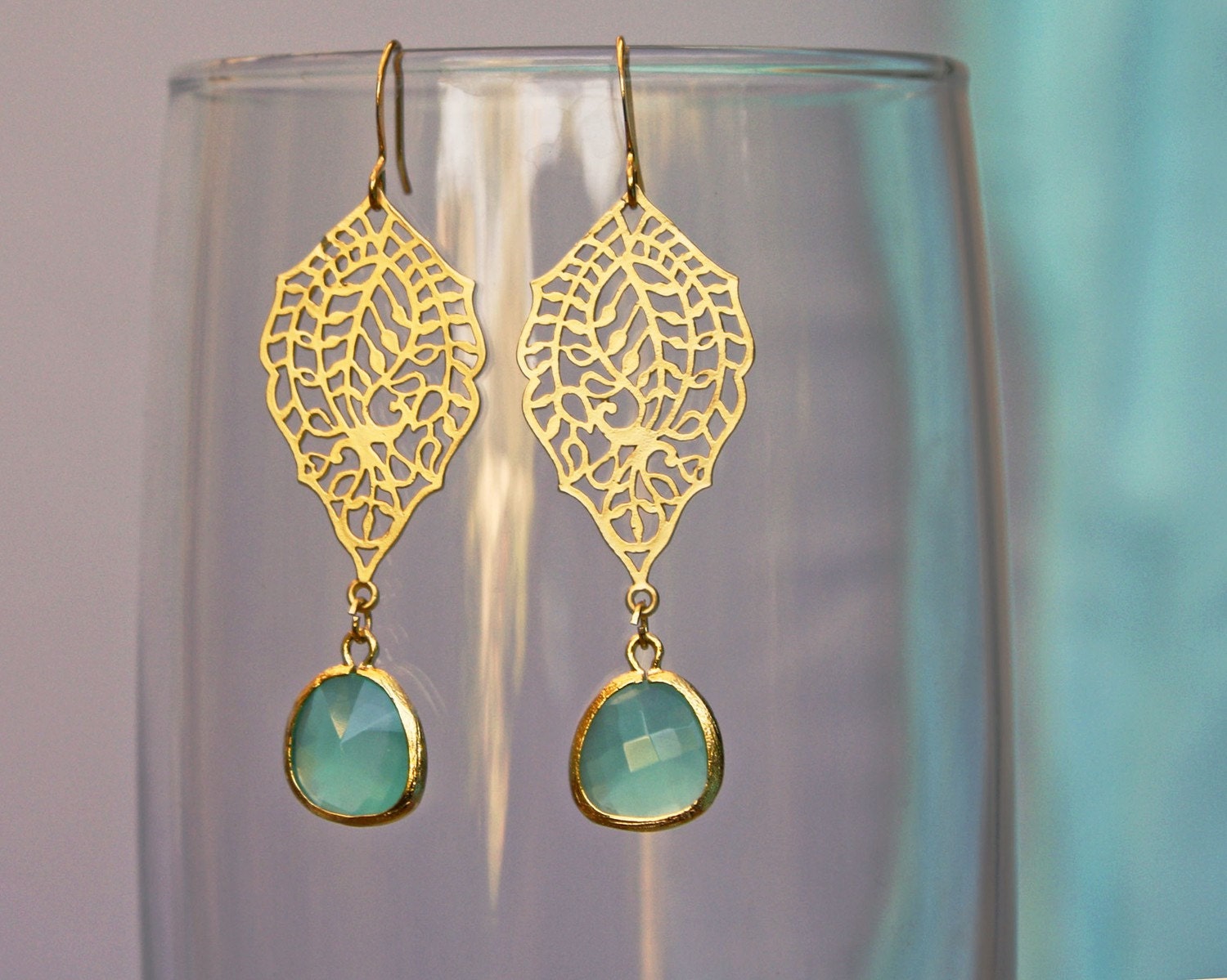 SALE chandelier Filigree paisley earrings. Gold earrings with framed and faceted sea green drop