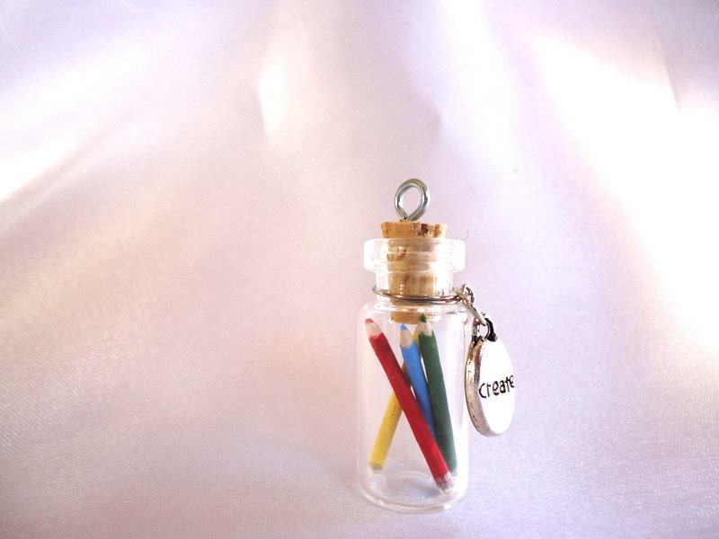 Creativity in a Bottle-necklace with handmade coloring pencils in a tiny jar