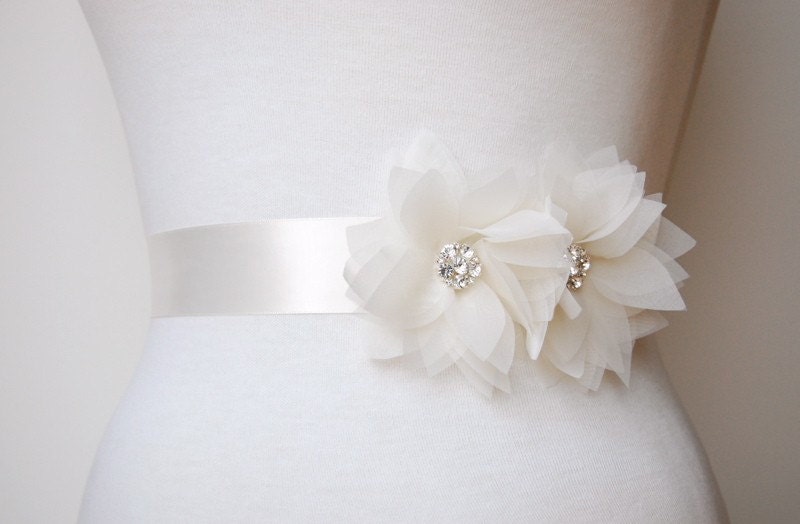 Double Crystal Lily Bridal Sash : S009 made to order, satin or grosgrain, customizable