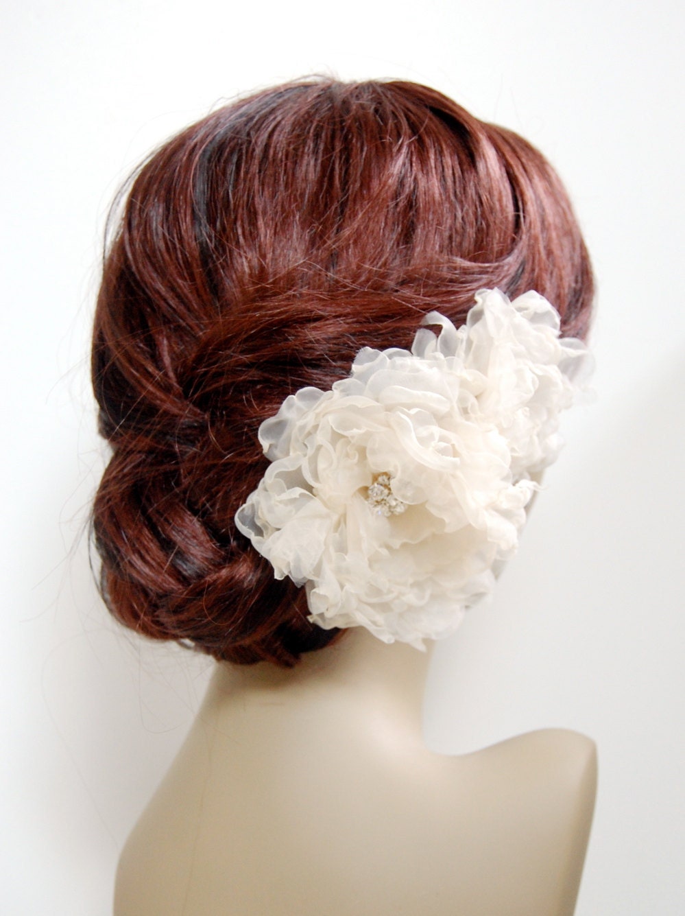 Pair of Couture Peony Organza Flower Fascinators : F093 made to order, white, diamond white, ivory, champagne