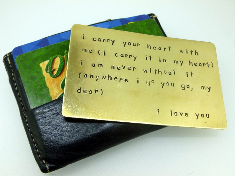 Brass Wallet Insert - e.e. cummings - Hand Stamped - Credit Card Size - Wallet Card
