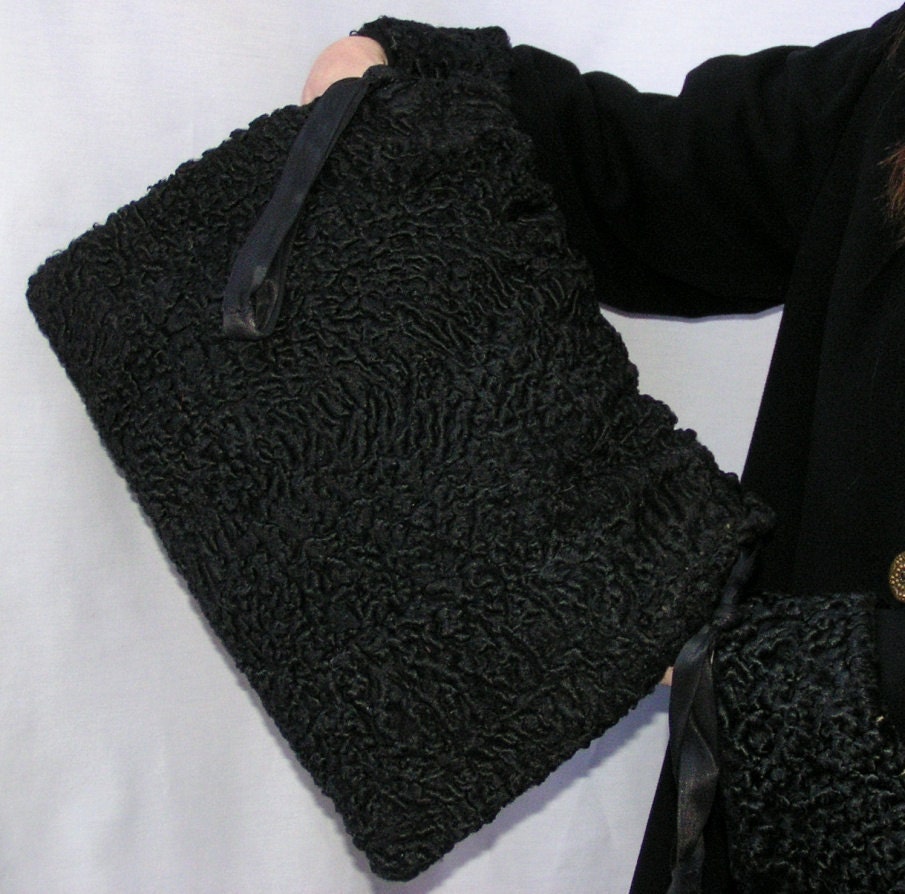 Vintage Black Persian Lamb Swakara Muff HandWarmer 40s/50s