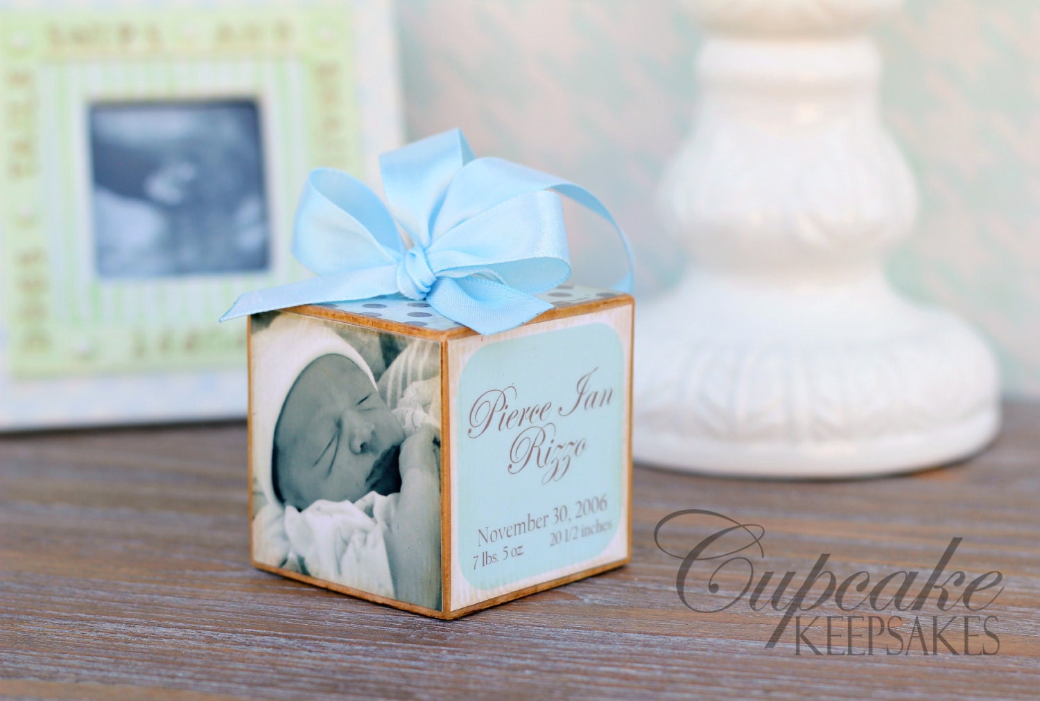 Personalized Blue Chocolate Brown Birth Announcement Photo Baby Block Shower Gift Boy Nursery Decor