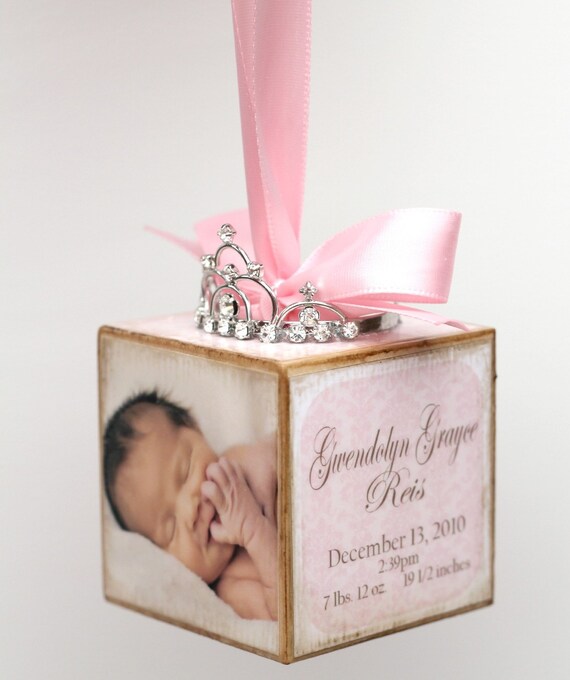 Personalized Pink Princess Tiara Birth Announcement Photo Baby Block Ornament Shower Gift Girl Nursery Decor