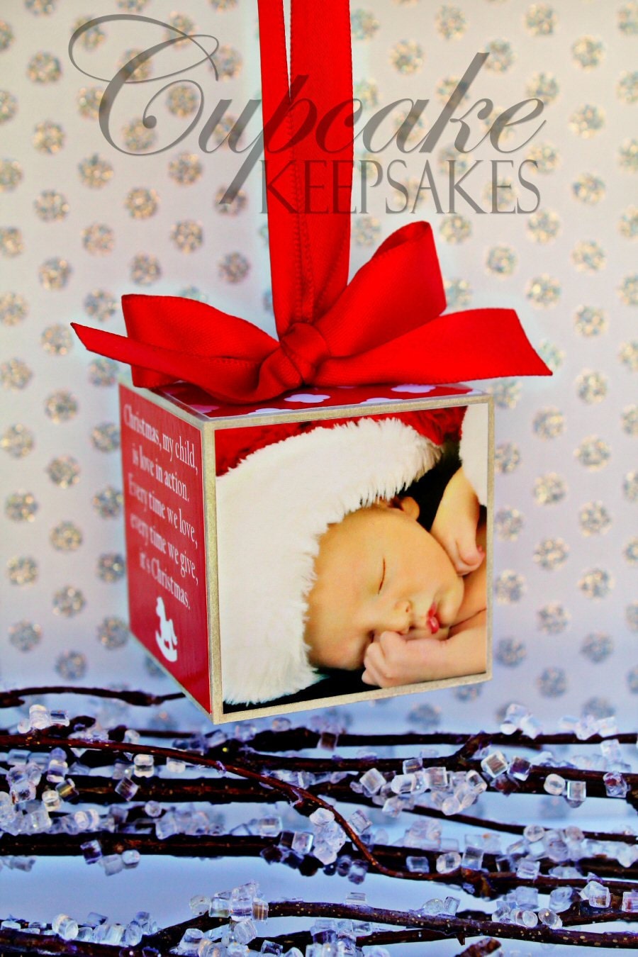Christmas Modern New Baby Custom Personalized Photo Block Ornament Red Gift