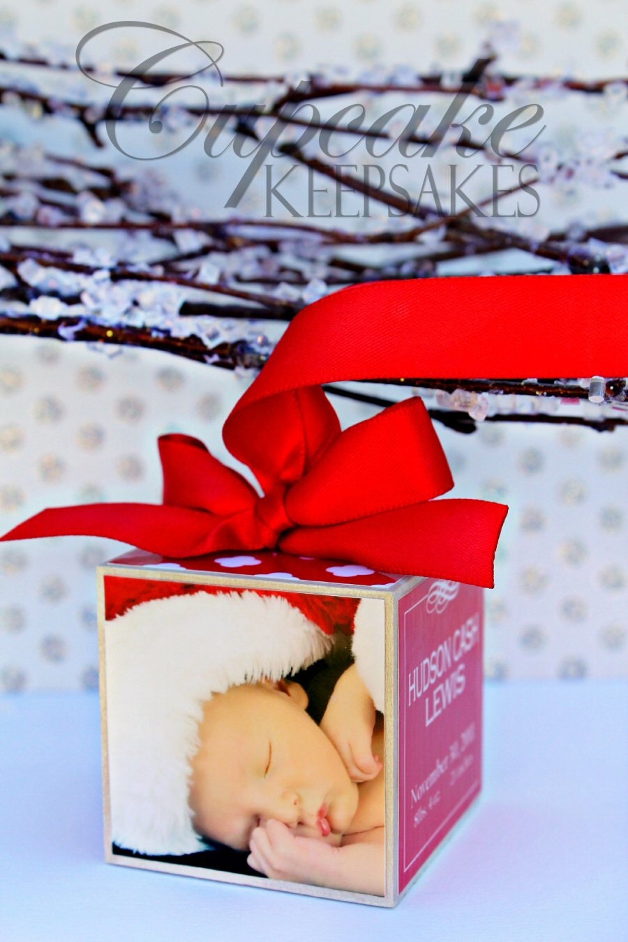 Christmas Modern New Baby Custom Personalized Photo Block Ornament Red Gift
