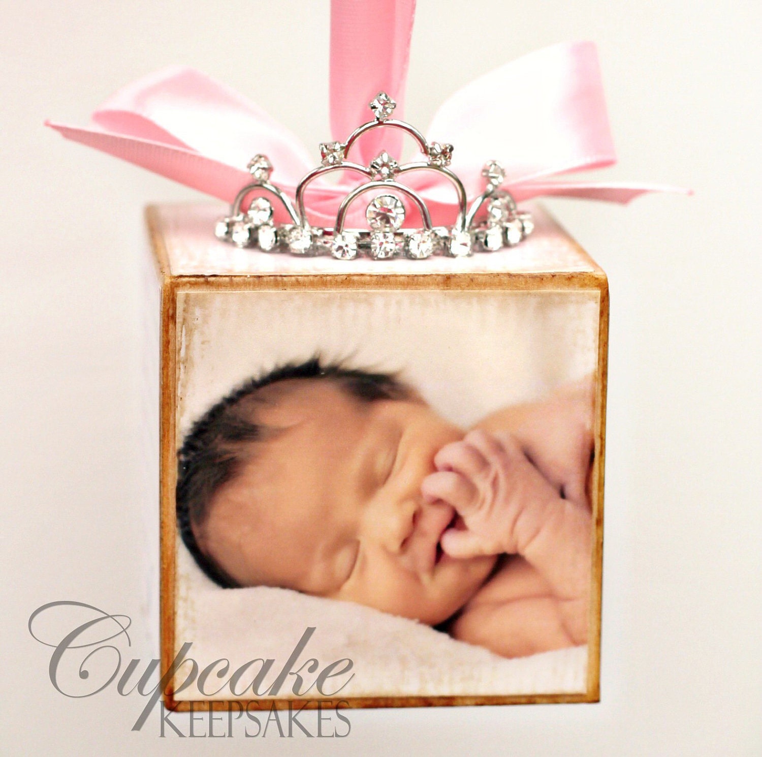 Personalized Pink Princess Tiara Birth Announcement Photo Baby Block Ornament Shower Gift Girl Nursery Decor