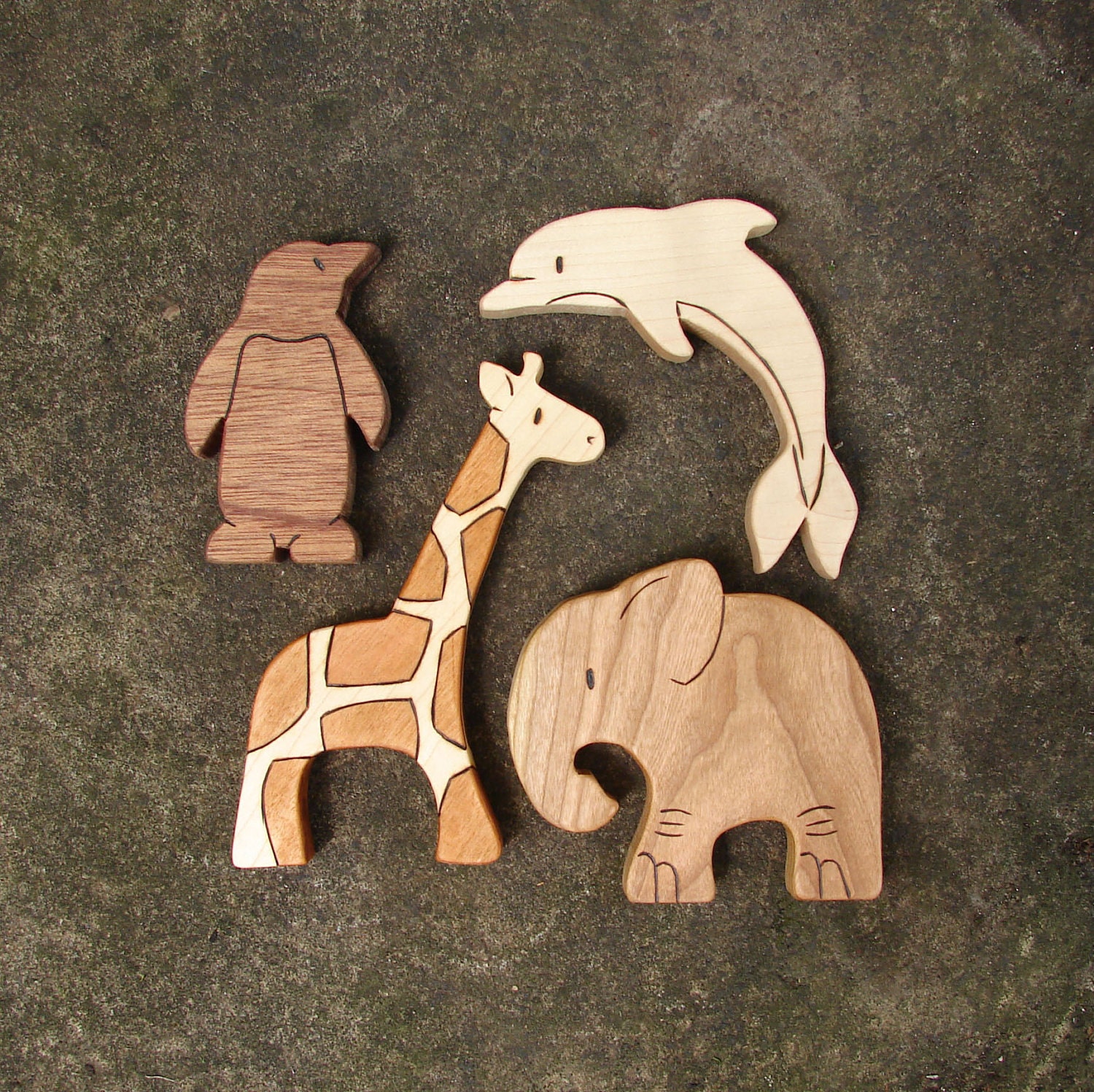 ZOO SET - 4 Wooden Toy Animals - Giraffe, Penguin, Dolphin, Elephant - Wood Toys - all natural teethers and Waldorf toddler toys