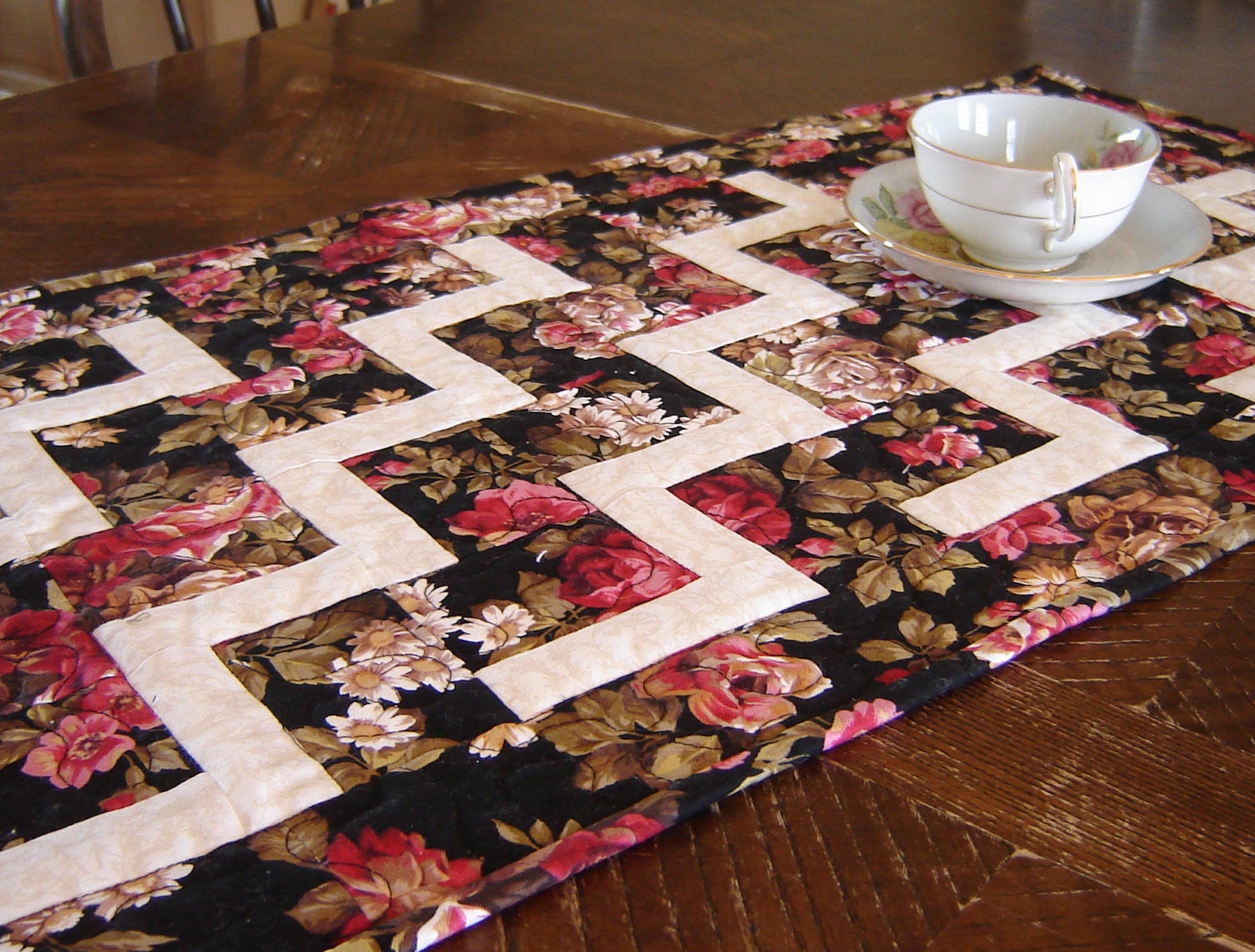 Quilted Table Runner Chevron and Antique Roses