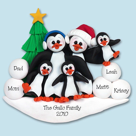 Penguin Family of 5  Polymer Clay HANDMADE Personalized Christmas Ornament