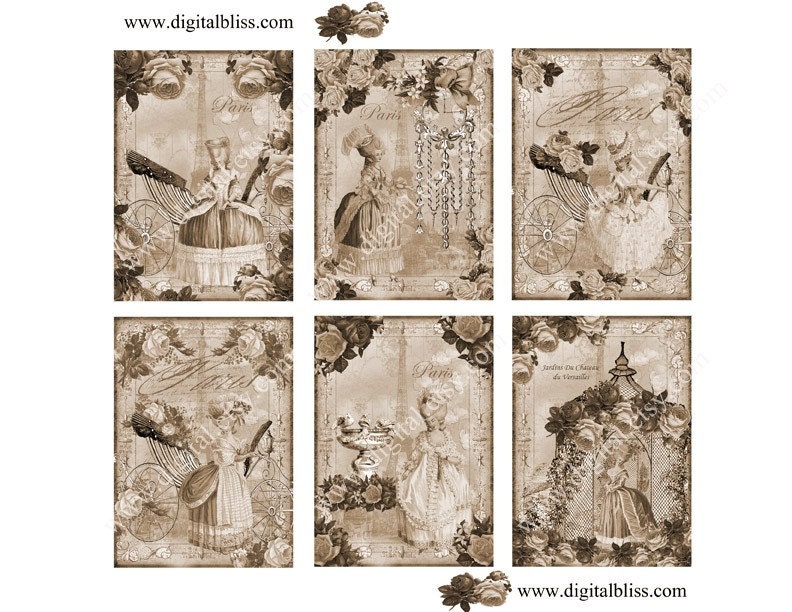 Digital ATC Collage Sheet Marie Antointte Visits The Eiffel Tower in Paris Sepia