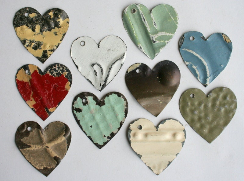 Ten Antique Tin Heart Shapes For Crafts or Jewelry