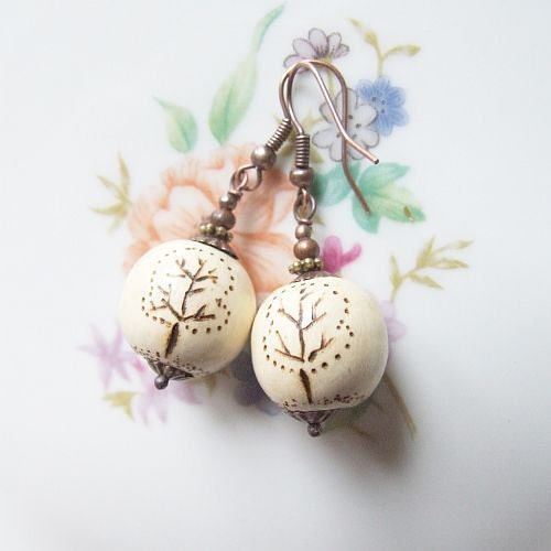 enchanted wood - white trees - dangle white, brown, big,blossom trees wooden earrings