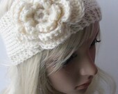 Handmade Knitted Headband,  Headwrap, Earwarmer With Crochet Flower In Ivory Color Fall, Autumn,Winter Accessorie