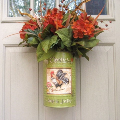 Farmhouse Decor, Rooster Decor, Orange Wreath, Country Decor, Front Door Wreath Alternative, Floral Arrangement, Cottage Chic Centerpiece