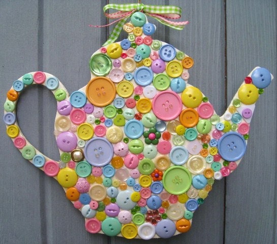 Button Teapot Wall Art, Teapot Plaque Front Door Wreath, Teapot Wall Decor, Button Wall Art, Tea Party Wreath