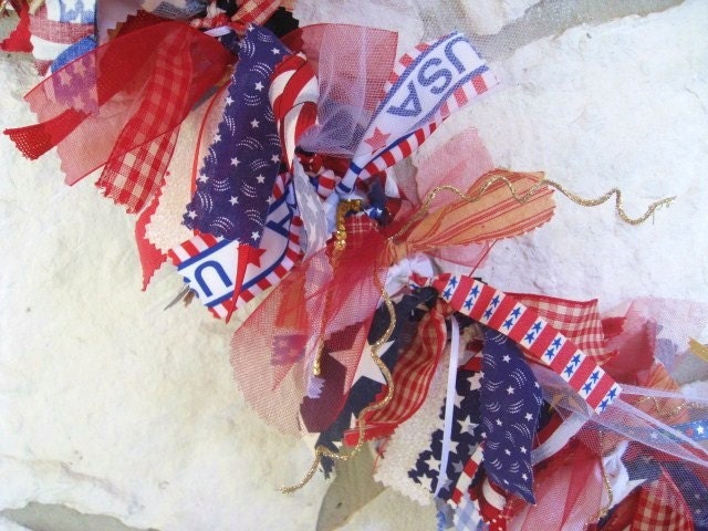 Patriotic Banner, Patriotic Garland, Patriotic Decoration, Americana Fabric Ribbon Garland, Party Banner, July 4th Decor, Red White Blue
