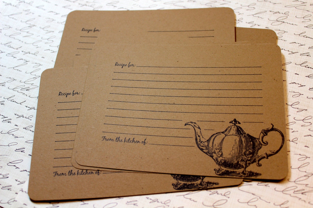 Set of 10 Vintage Inspired Kraft Recipe Cards - Victorian Tea Pot