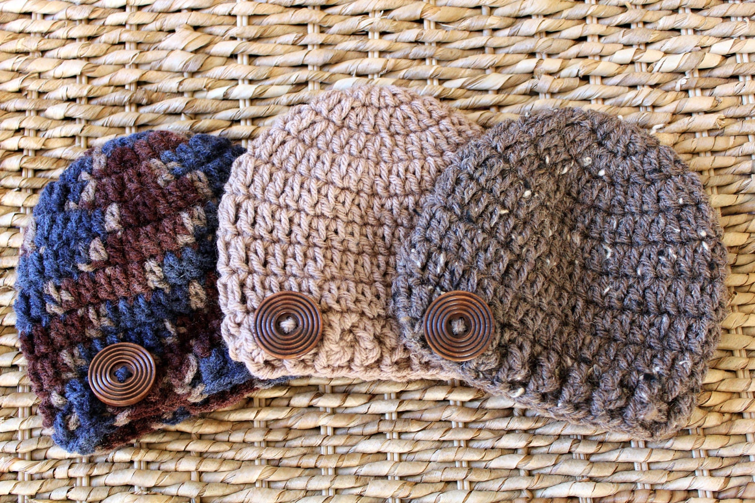 Crocheted Baby Button Hats - Newborn - Set of 3 - Browns - Also Sold Separately